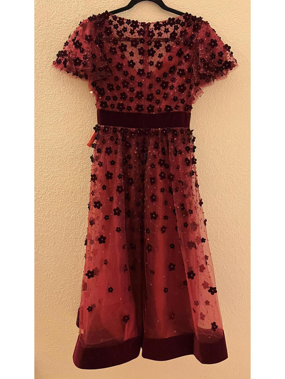 New Mac Duggal EMBELLISHED BUTTERFLY SLEEVE VELVET HEM MIDI DRESS Burgundy Sz 2 - Picture 6 of 9